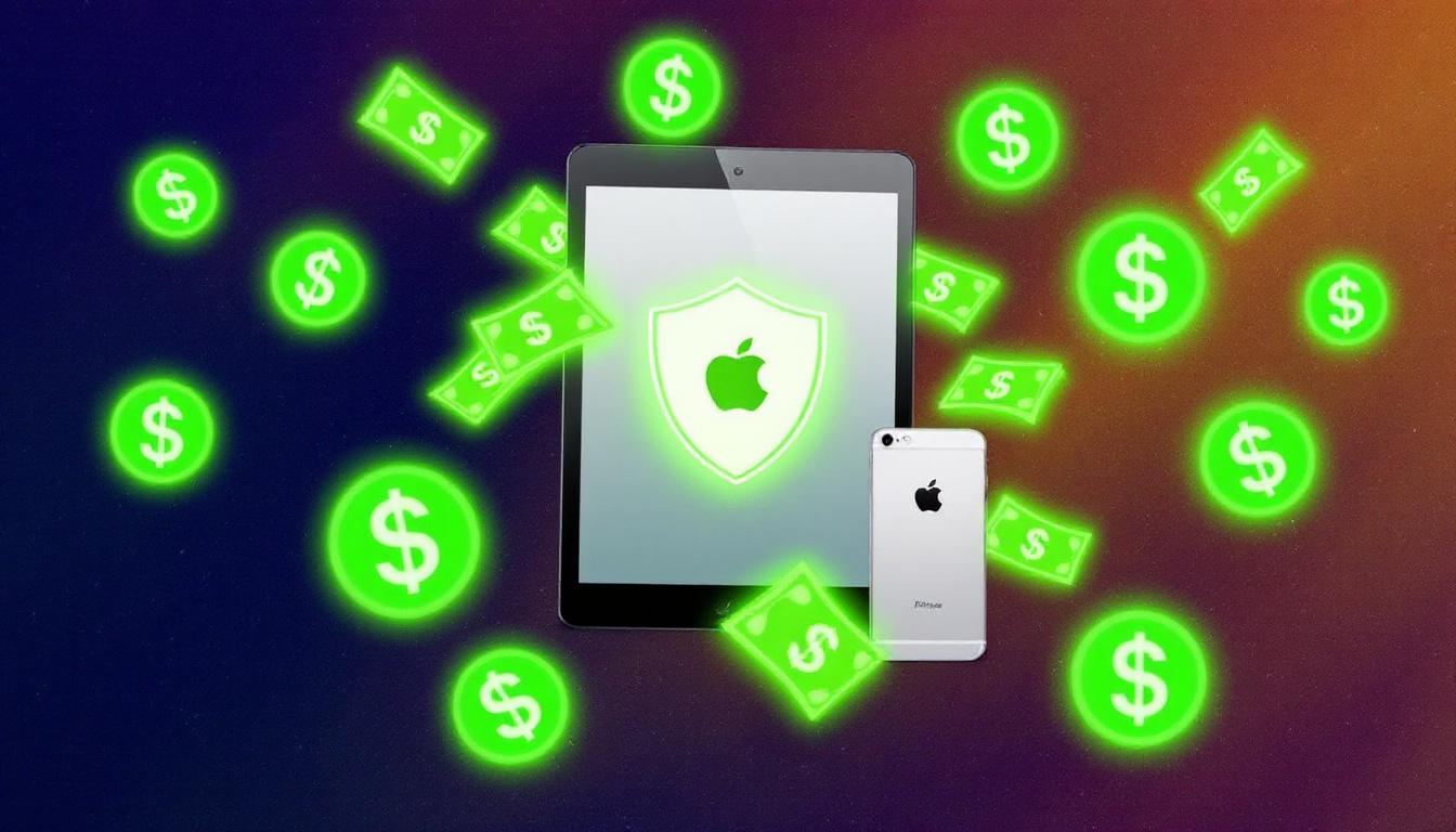 Image: Apple devices surrounded by glowing green icons of dollar bills and savings symbols, highlighting cost savings on device coverage.