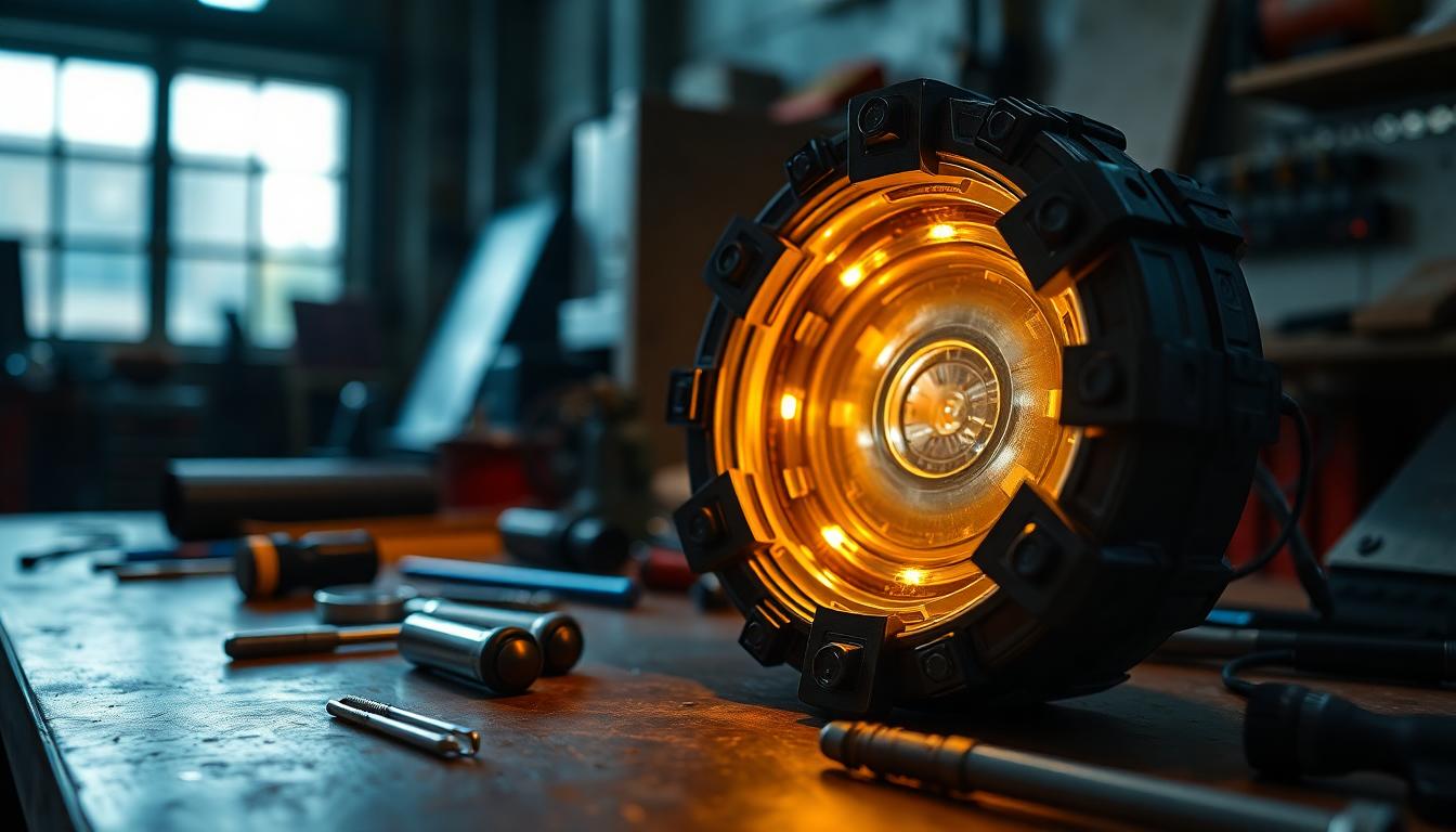 Avengers: Doomsday Wraps Filming — Russo Brothers Move to Post, 2026 Release Targeted 5 Close-up of a glowing high-tech arc-reactor-like prop on a workbench with tools