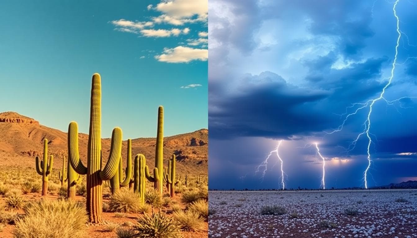 Split scene of sunny desert and stormy hail with lightning