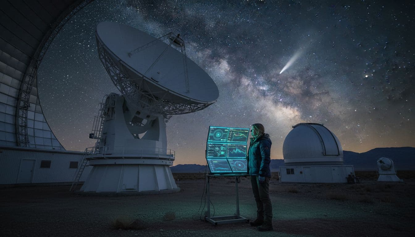 Astronomer at large observatory using a telescope to track a comet in the night sky