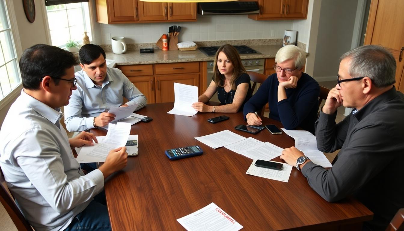 Family gathered at a table discussing paperwork related to the AT&T data breach settlement