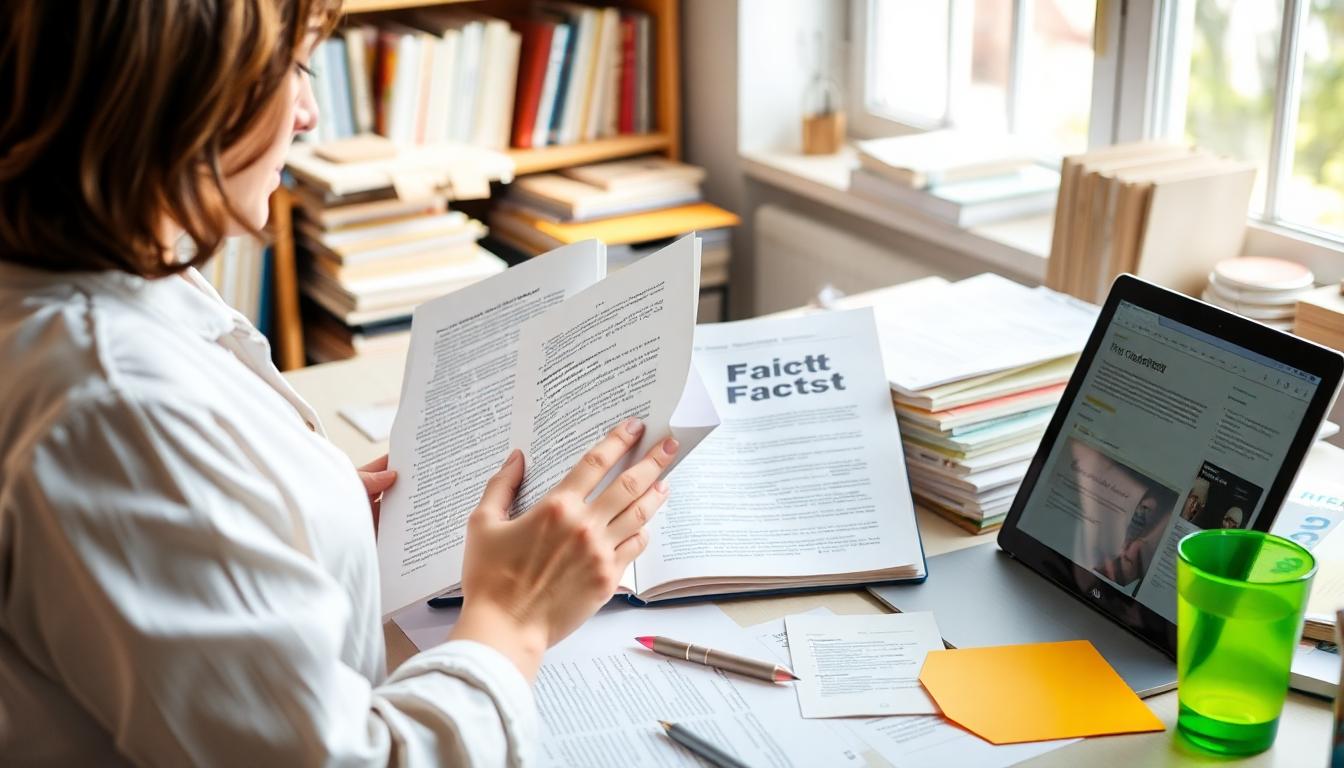 Author reviewing facts for an article, books and digital resources, surrounded by research notes