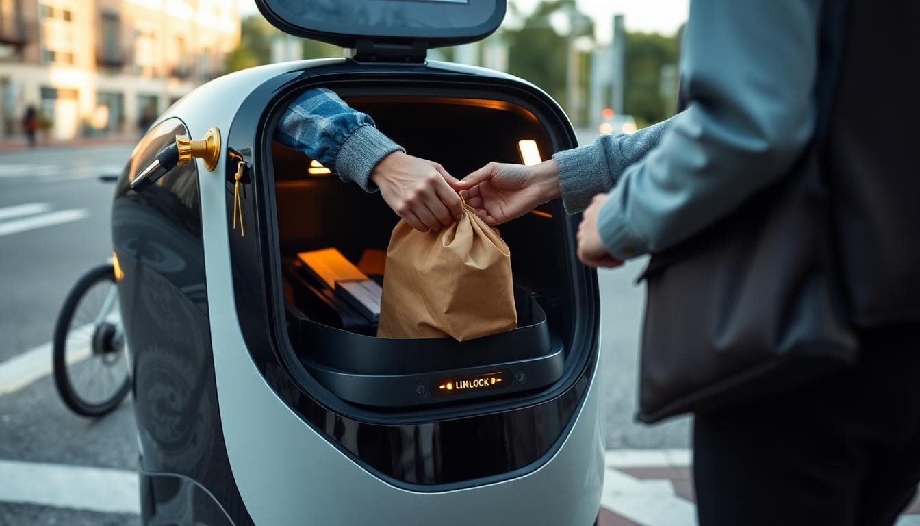 Curbside handoff with a customer retrieving a meal from an autonomous robot compartment