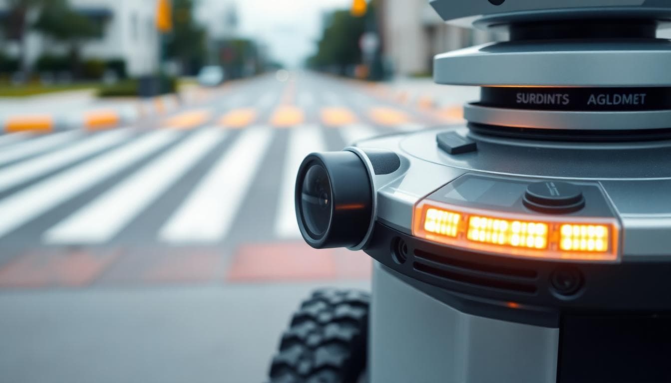 Close-up of an autonomous delivery robot sensor suite with cameras and lidar