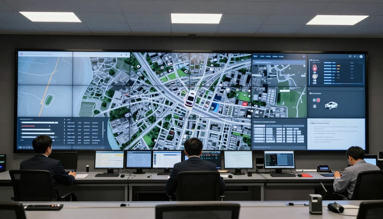 Autonomous vehicle operations control center with a city map and paused vehicle icons on screens