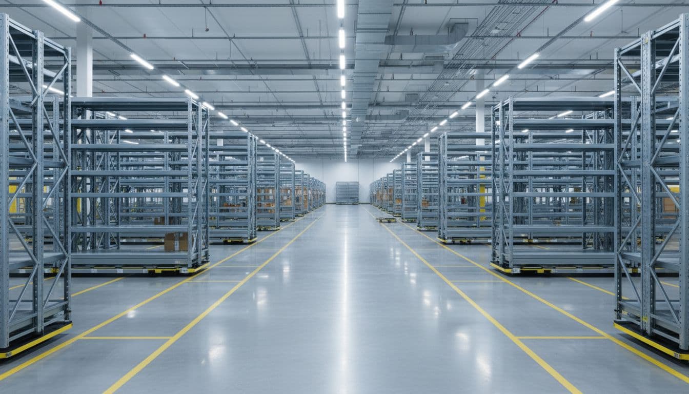 Autonomous warehouse robots moving shelves inside a fulfillment center