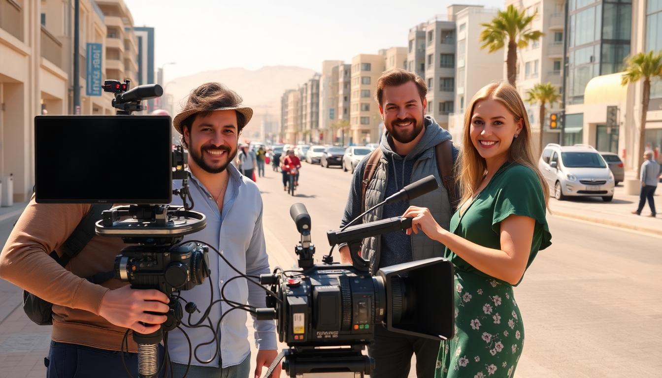 Avengers: Doomsday international cast members, including actors resembling Pedro Pascal and Vanessa Kirby, smiling around camera equipment in a sunny Middle Eastern city, modern streets.