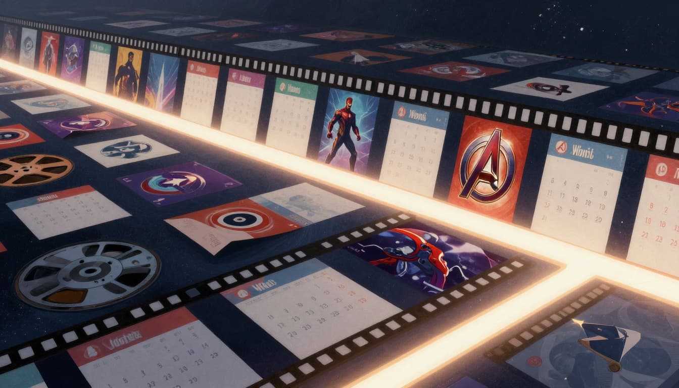 Abstract film reel and calendar pages stretching across a cosmic background representing the gap between Avengers movies
