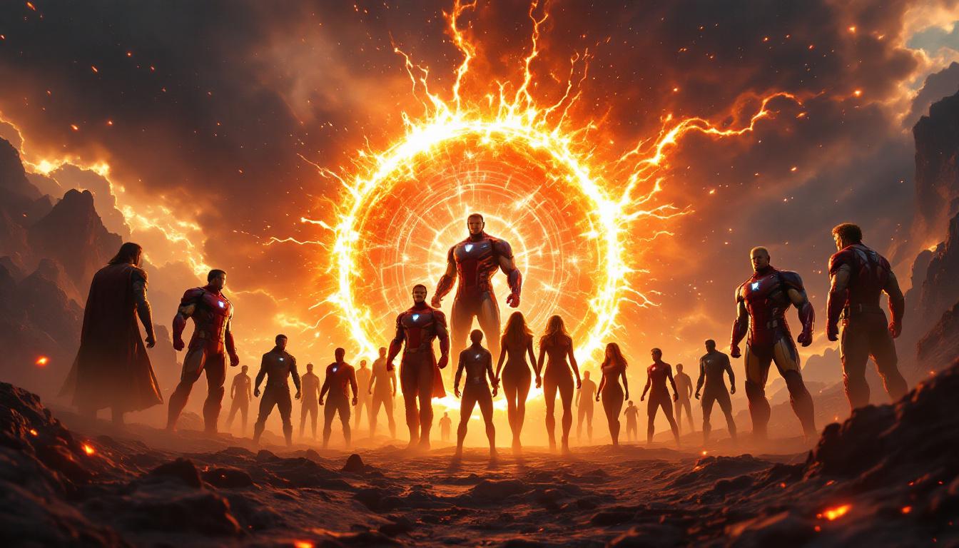 Epic tribute to Avengers: Endgame finale, key heroes assembling in epic battle pose, glowing portals, emotion and hope, Marvel blockbuster style