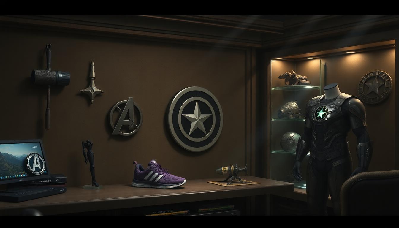 Inside Avengers HQ, dusty memorabilia room: Hammer tech, purple speedster sneakers, a SHIELD badge, Asgardian armor, relics on shelves with light beams, moody Marvel vibe.