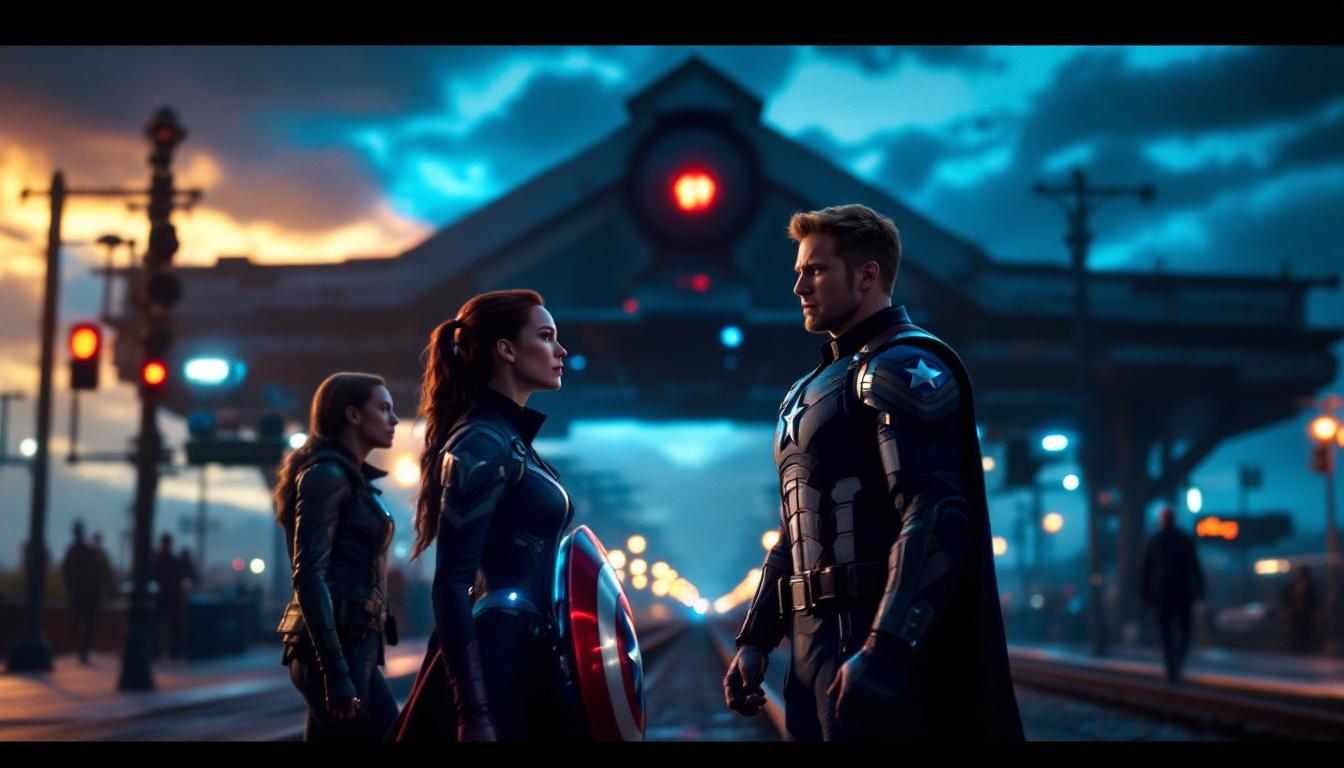 Cinematic moment from Avengers: Infinity War with Captain America, Wanda, and Vision at train station, tense yet heroic mood, rich Marvel color palette