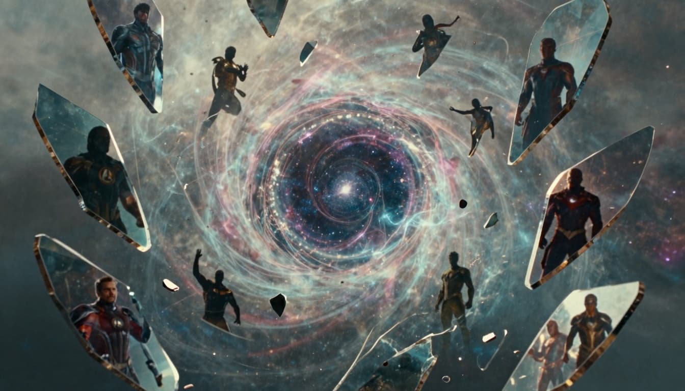 Multiverse shards floating in space, each with silhouettes of different superhero teams
