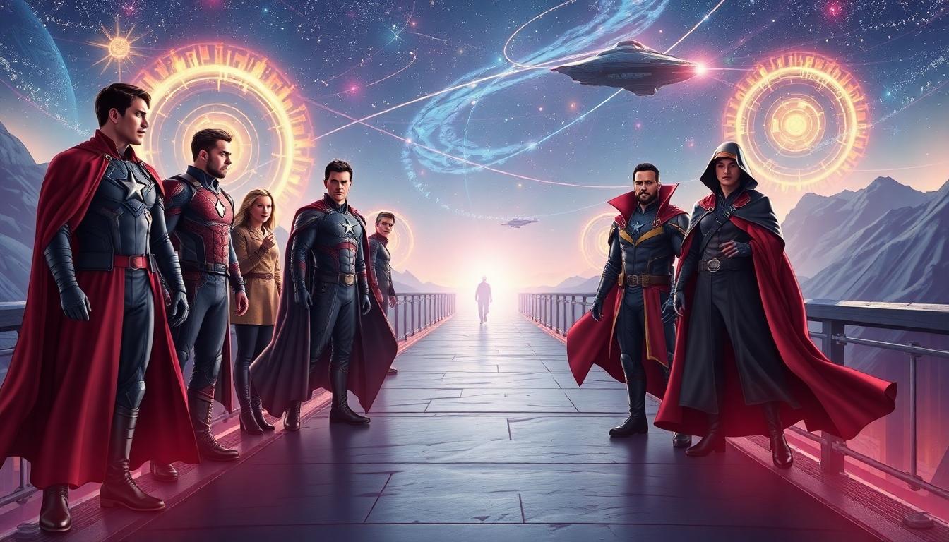 The Avengers, Thunderbolts, and Shang-Chi stand on a dramatic multiversal bridge with Doctor Strange’s portals swirling around them. In the background, the Guardians’ ship flies away into a starry expanse. Marvel epic illustration, landscape.