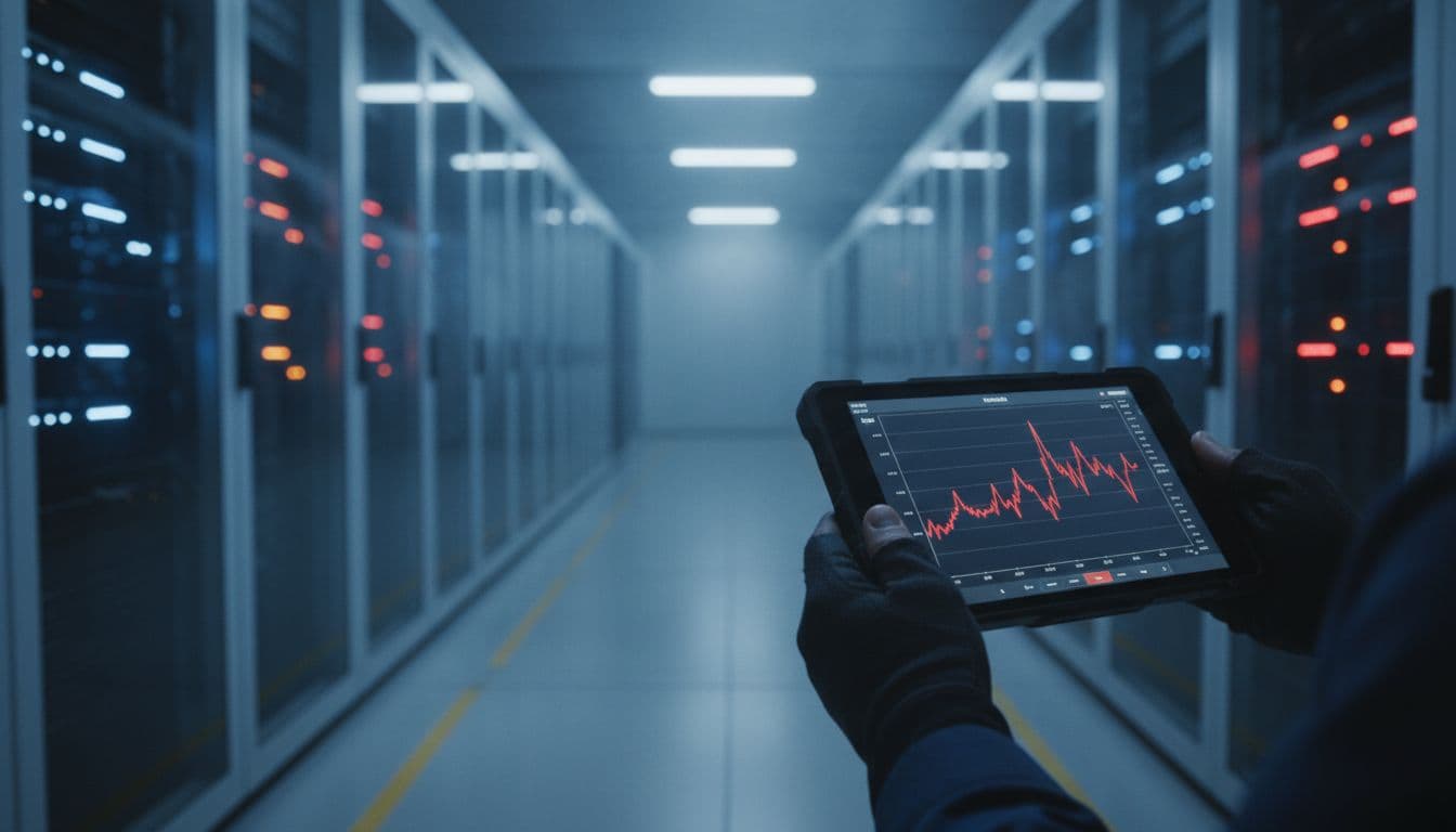 Data center corridor with servers showing warning lights during partial failure