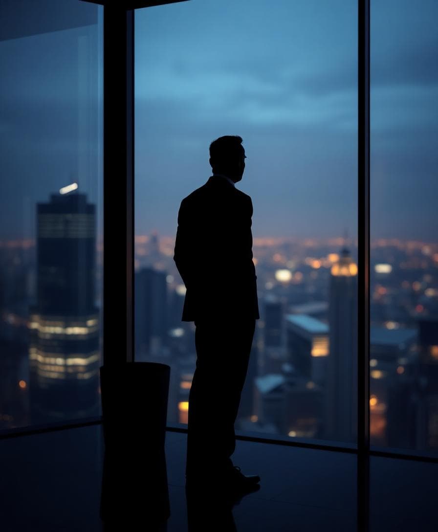 Backlit executive silhouette facing a city skyline at dusk