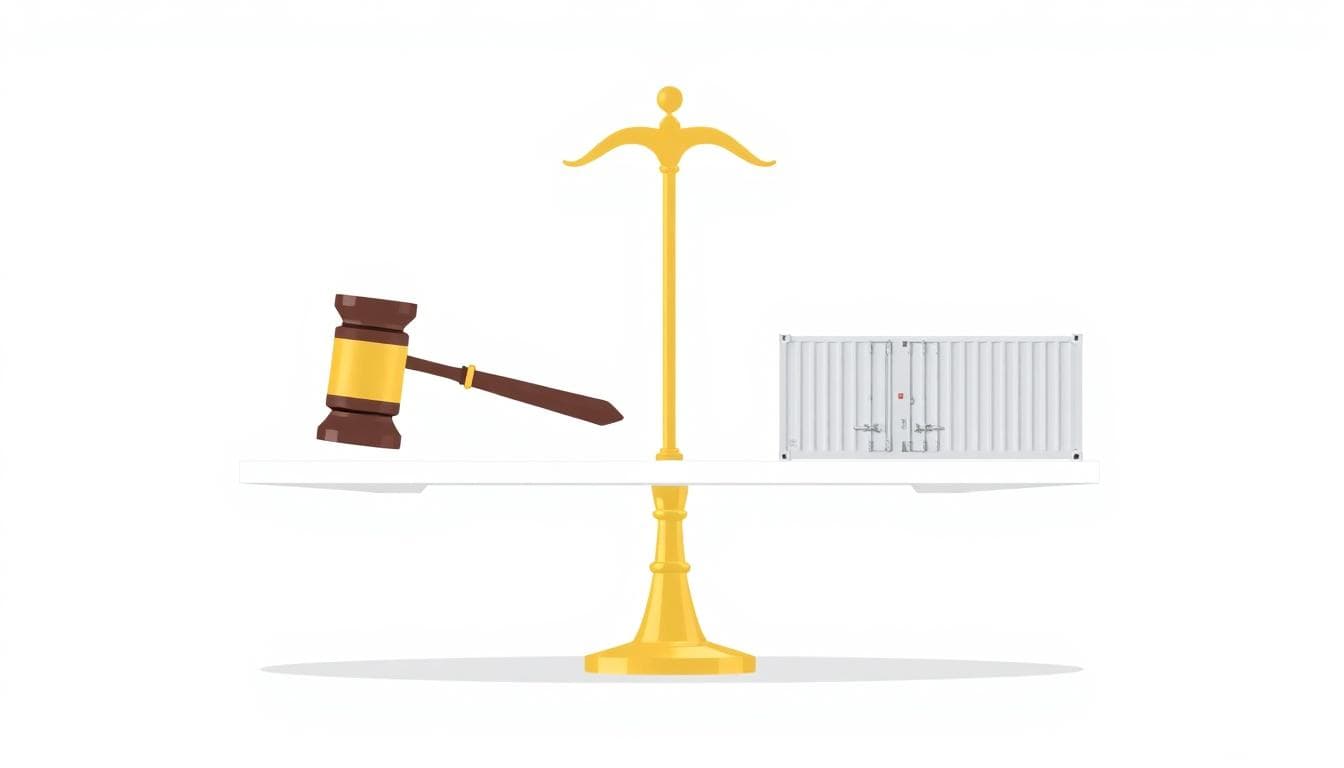 Balance scale with a gavel on one side and trade containers on the other
