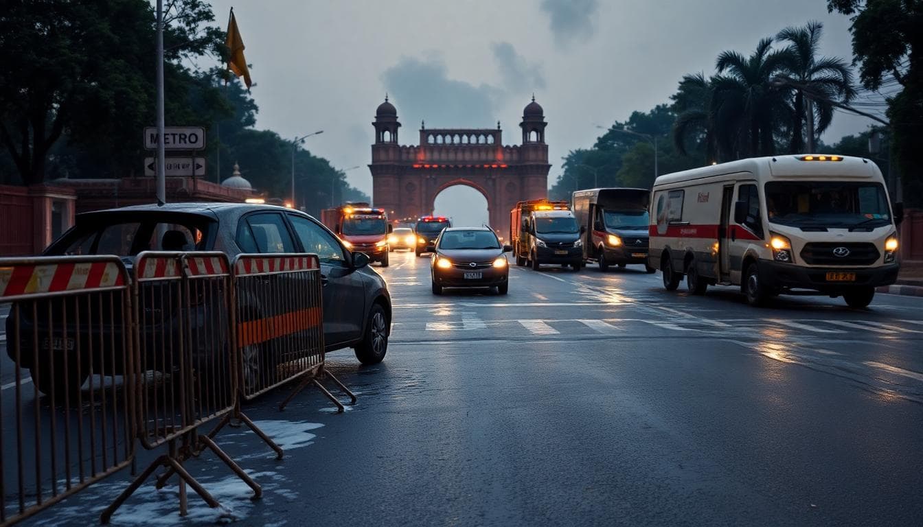 Barricaded road near Lal Qila metro with damaged vehicles and fire engines