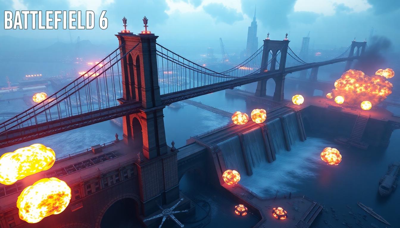 A futuristic in-game battle royale map from Battlefield 6 with destructible landmarks like the Brooklyn Bridge and huge dams, explosions in progress, chaotic battlefield.
