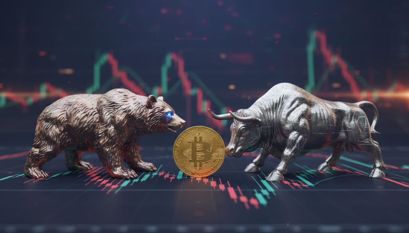 Bear and bull figurines facing each other on a Bitcoin price chart