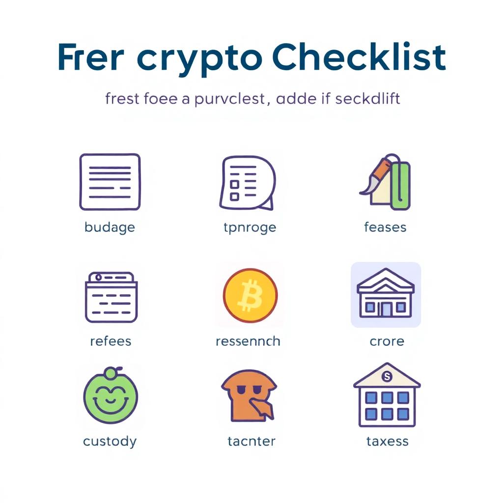 Beginner checklist for a first crypto purchase showing icons for budget, fees, research, custody, and taxes
