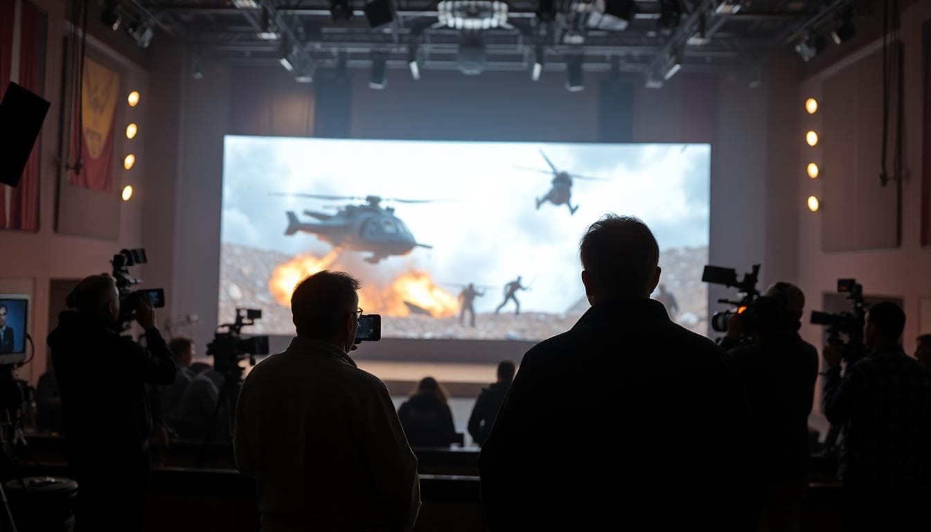Film directors reviewing a sci-fi battle scene on a large LED screen on a movie set