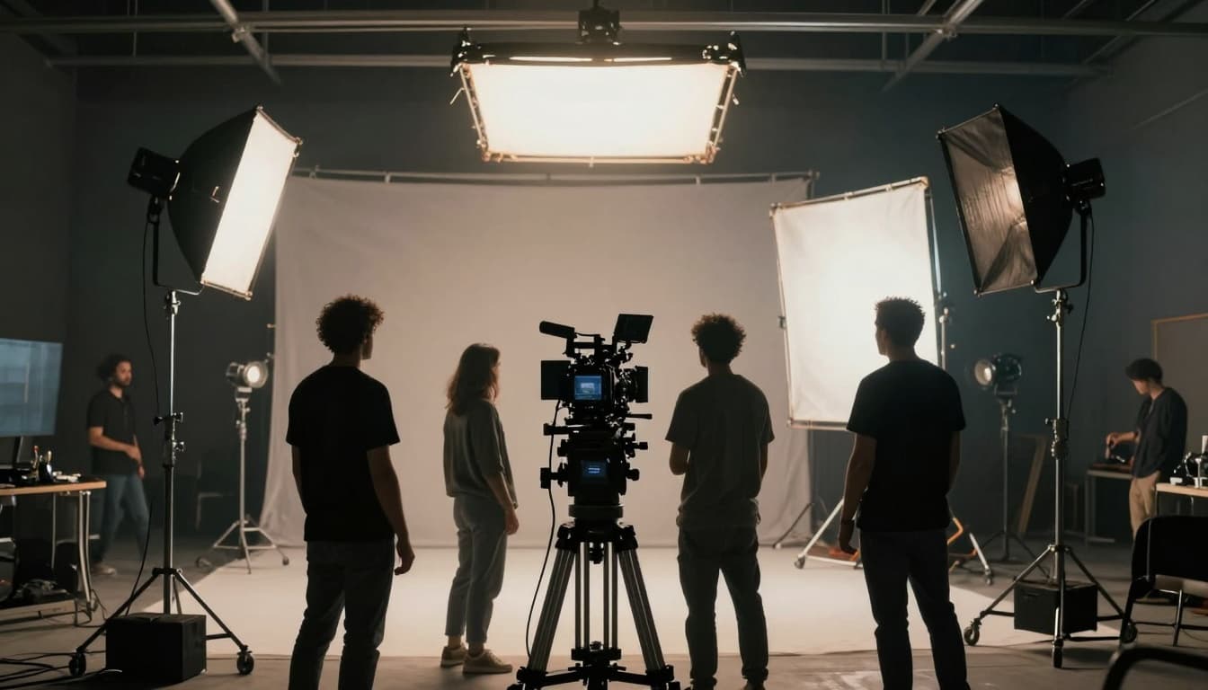 Behind-the-scenes film set with lights and crew silhouettes