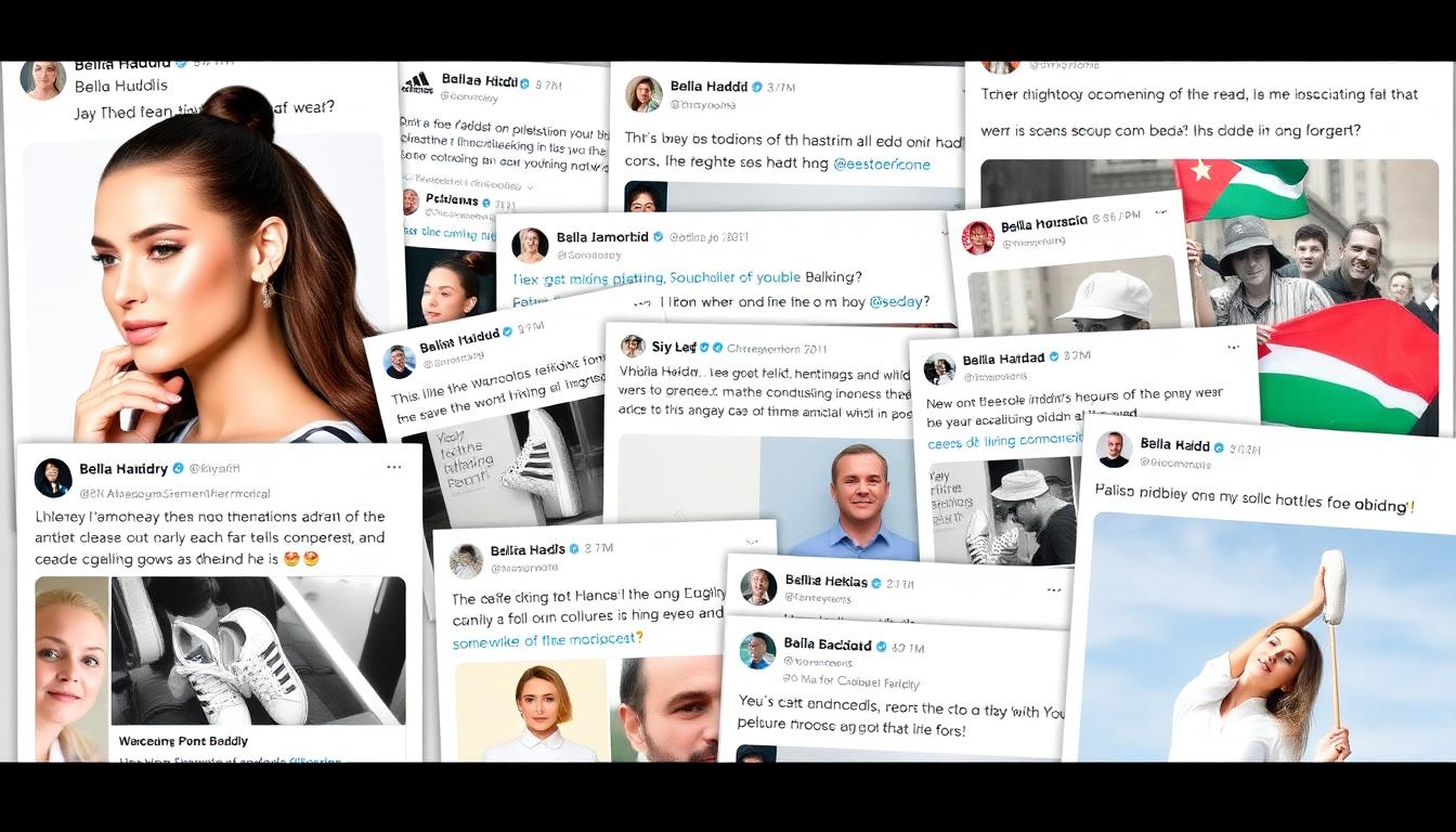 Bella Hadid, Palestine, and the Adidas Controversy: A 2025 Update 4 Collage of social media posts and headlines about the Bella Hadid, Adidas, and Palestine controversy