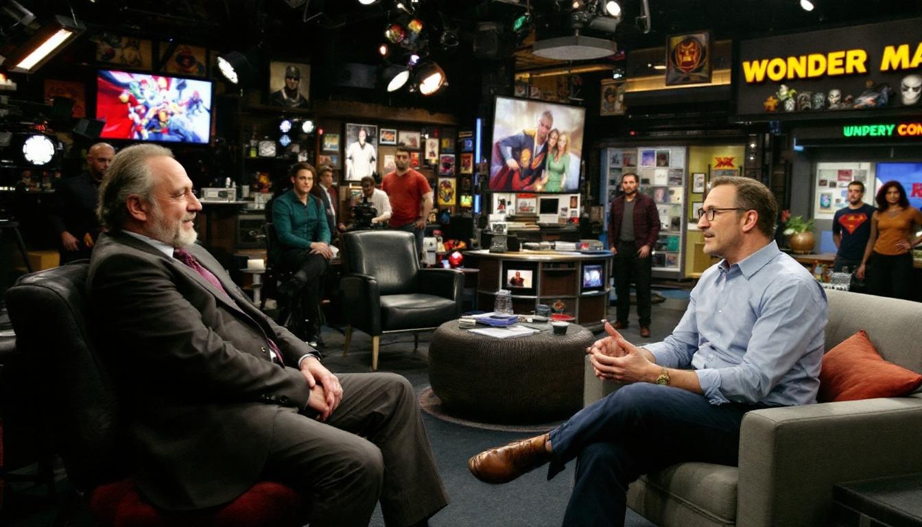 Marvel’s Wonder Man Revealed: New Disney+ Sizzle Reel Teases Heroics, Hollywood, and Humor 3 Ben Kingsley as Trevor Slattery, engaged in witty conversation with Wonder Man on a bustling TV studio set, full of extras, cameras, and superhero memorabilia.