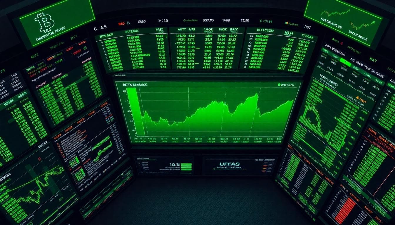 High-activity crypto trading floor style user interface with BTC heatmaps
