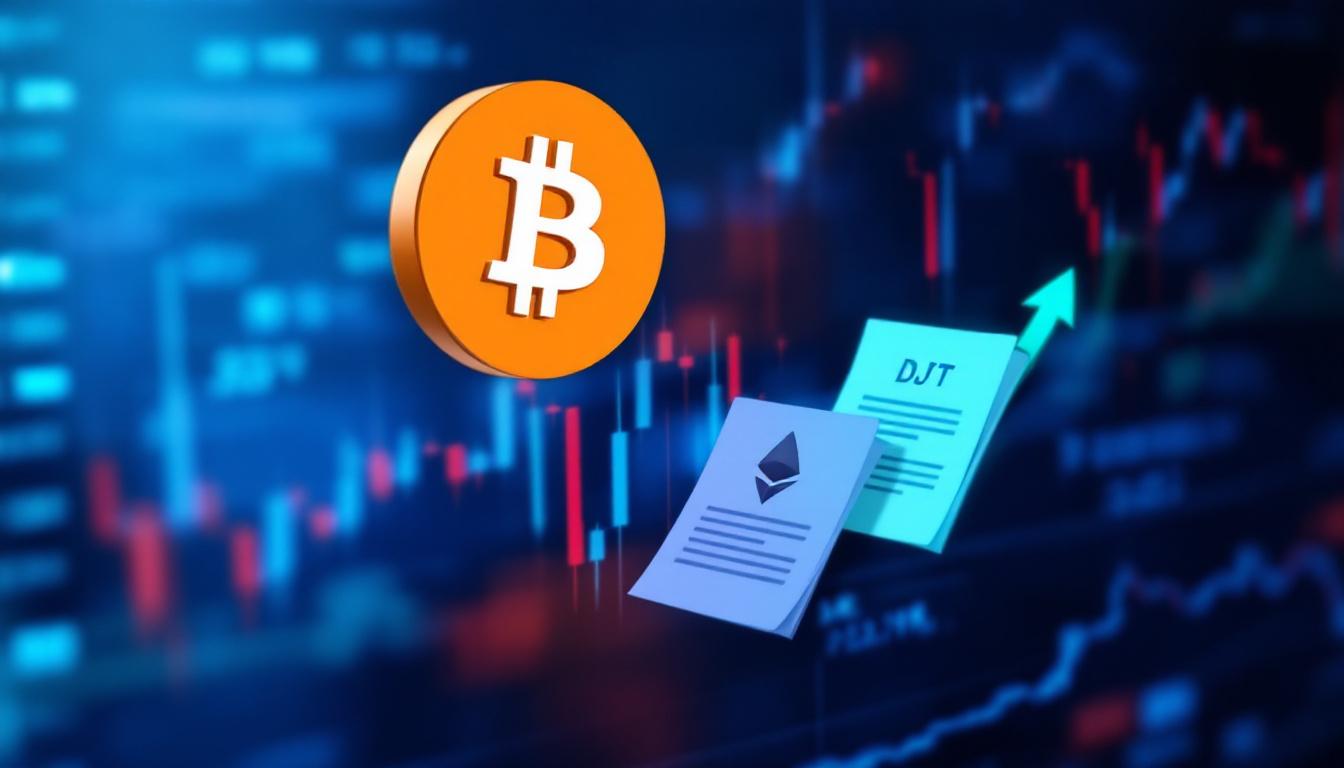 Bitcoin Smashes Record High: Why Institutional Demand and U.S. Policy Are Fueling the Crypto Surge 4 Inside image 3: The logos of Bitcoin, Ether, and DJT combined with upward-trending candlestick charts and SEC documents on a digital background, symbolizing policy and market impact.