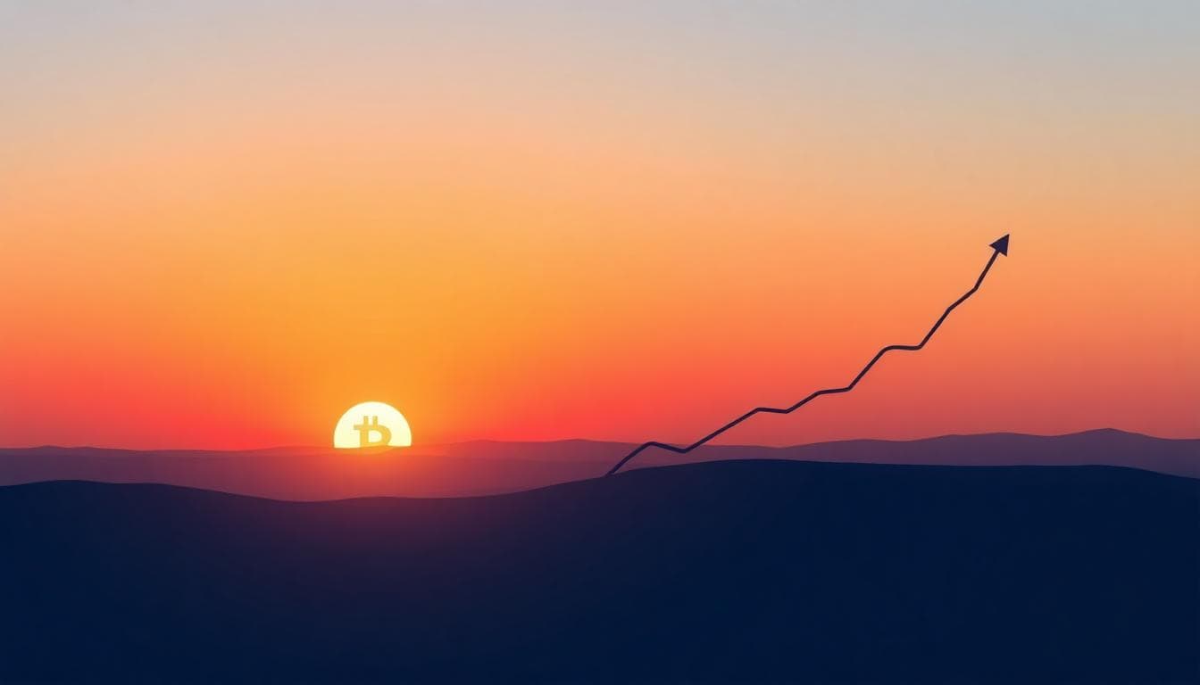 Bitcoin symbol over a sunrise skyline with a subtle upward trend in the horizon