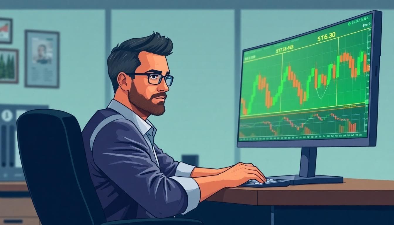 Crypto trader at a computer calmly selling Bitcoin after a strong rally