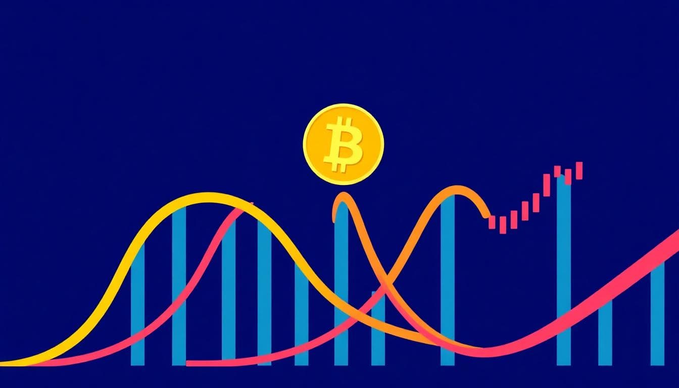 Roller coaster made of candlestick charts representing Bitcoin volatility