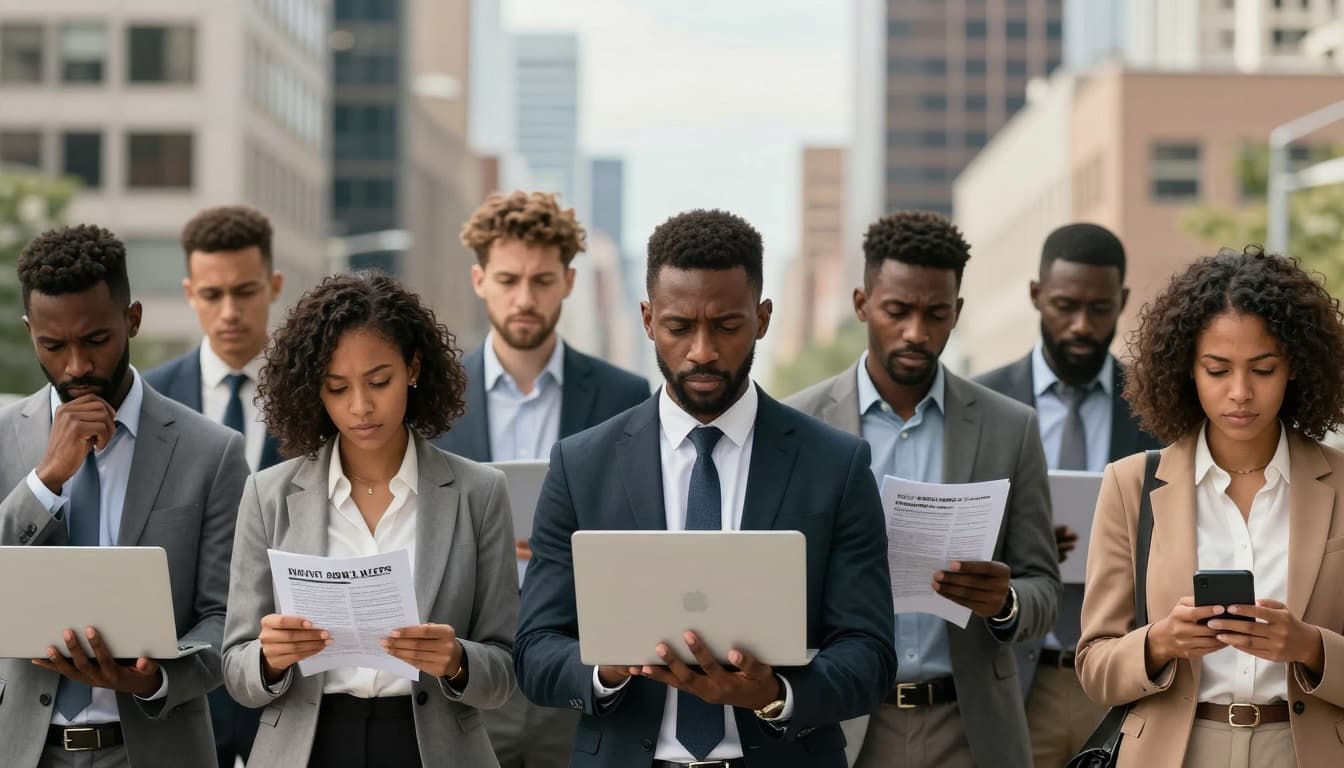 Black job seekers looking at job postings and using devices in a modern city environment