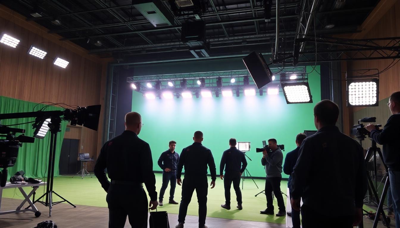Avengers: Doomsday Wraps Filming, But The Hardest Work Is Still Ahead 2 Large soundstage with green screen, motion-capture suits, camera crane, and crew at work
