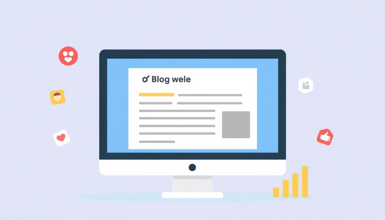 How to Create an SEO-Friendly Blog: A Complete Step-By-Step Guide 4 Illustration of a blog post published on a computer screen, with social shares, comments, and search engine ranking icons