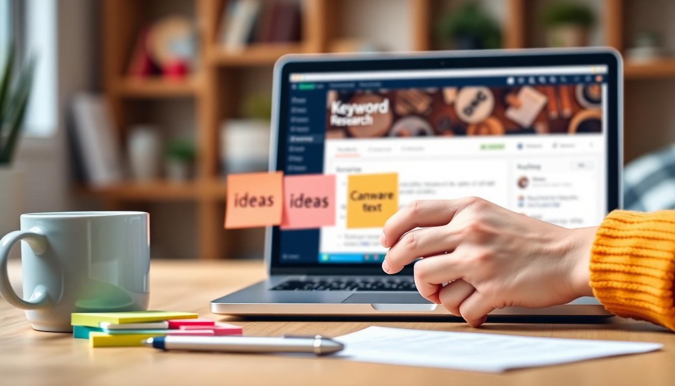 Blogger planning keywords with sticky notes and laptop