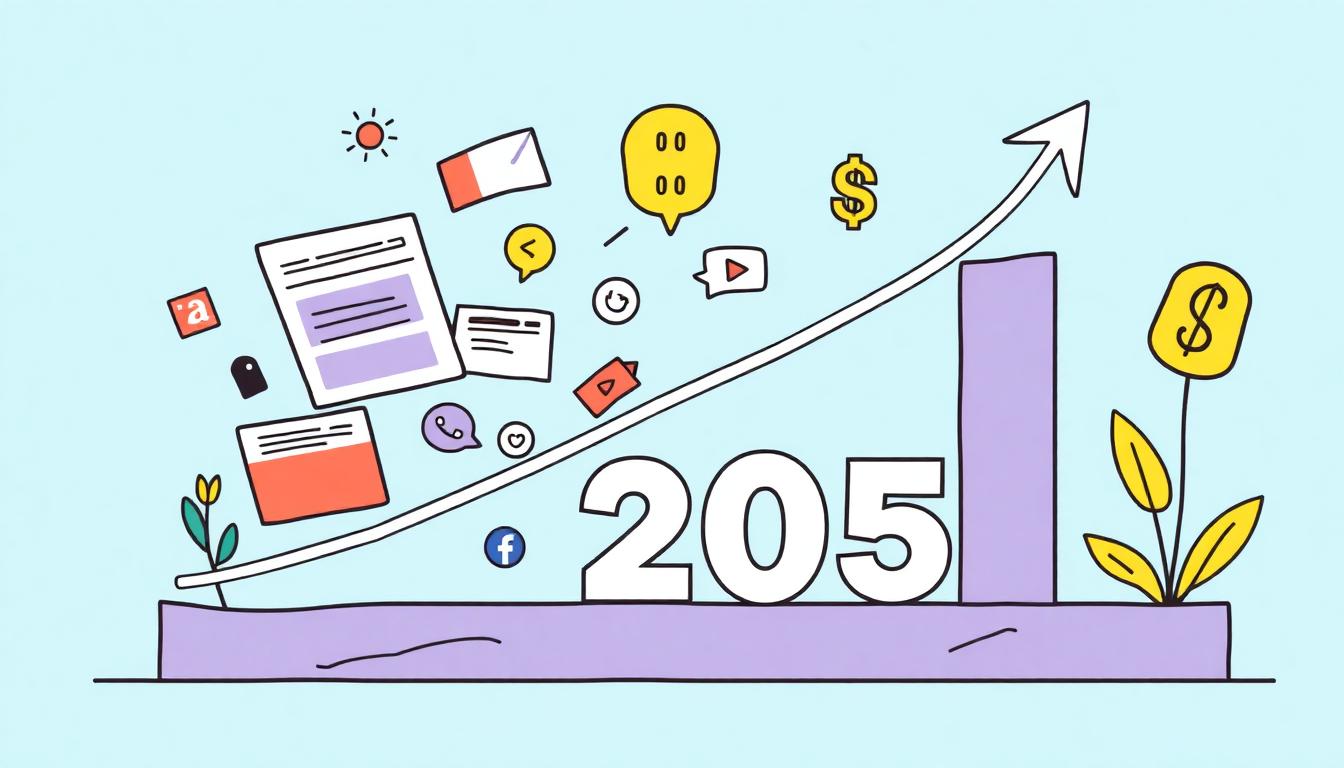 Image: An illustrated graph showing rapid growth with blog posts, social media icons, and money symbols rising together, symbolizing blogging profitability and trends in 2025.