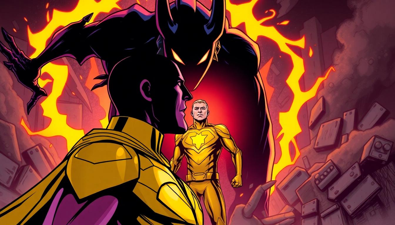 Marvel’s Thunderbolts: Lewis Pullman Talks Bob, Sentry, and the Void 2 Comic-inspired scene of Bob/Sentry in a golden super suit, facing his own shadow which is transforming into the demonic Void, inner conflict and vibrant colors.