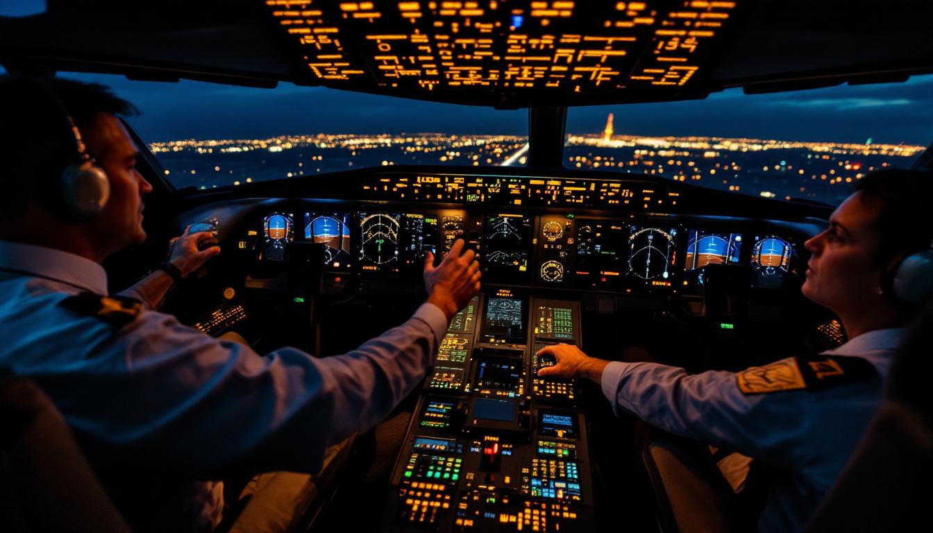 Inside a Boeing 787 Dreamliner cockpit at night, two pilots, one reaching toward protected fuel cutoff switches, illuminated control panels, tense and urgent mood.