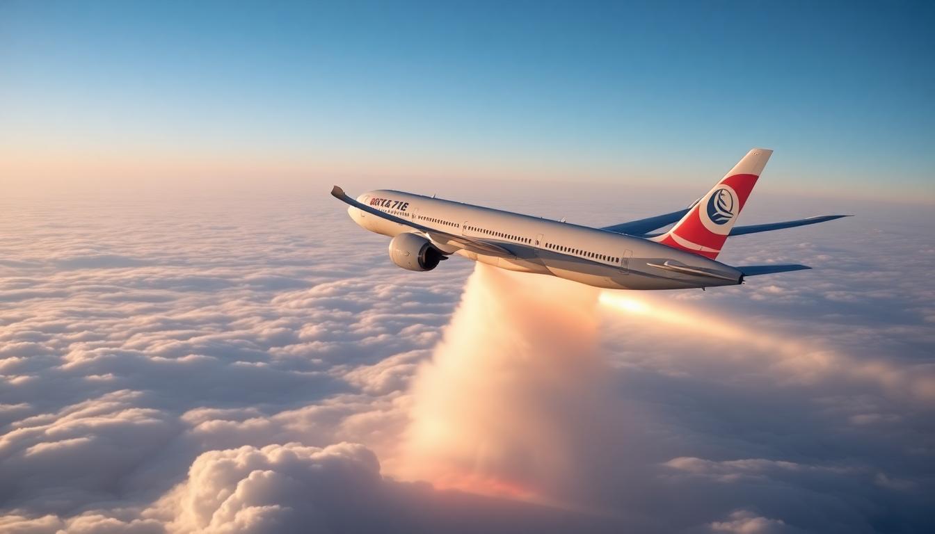 United Flight Declares Mayday After Engine Failure Departing D.C. 3 Boeing 787 in-flight dumping fuel over clouds as safety procedure, emergency flare visible, realistic aviation detail, news photo style