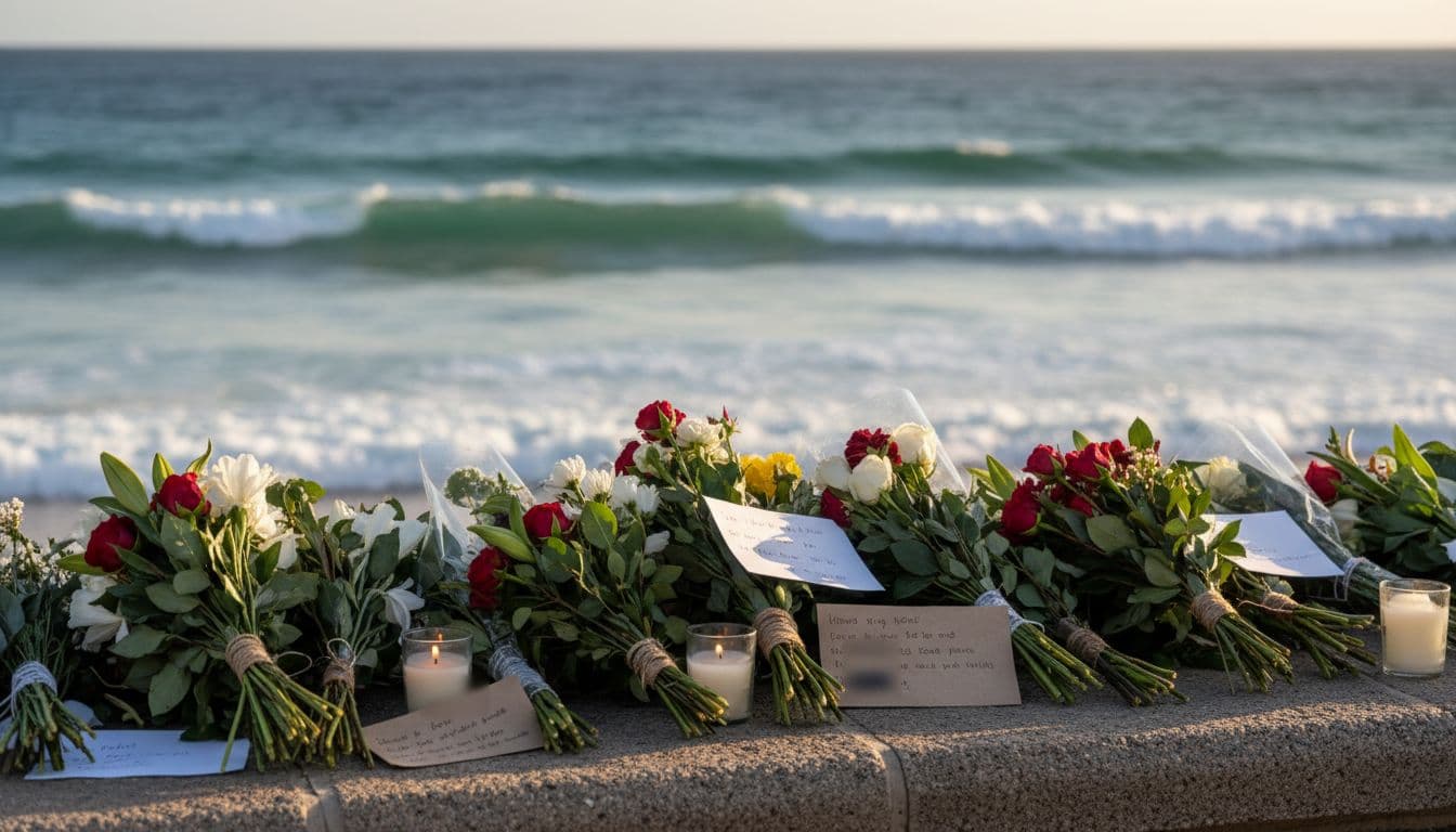 Floral tributes and candles at Bondi Beach memorial