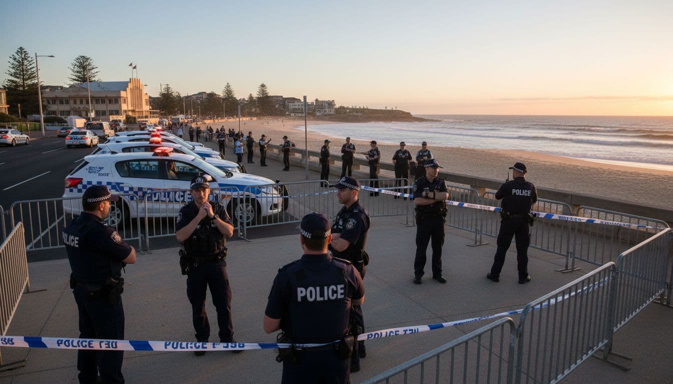 Police cordon and officers at Bondi Beach after the attack