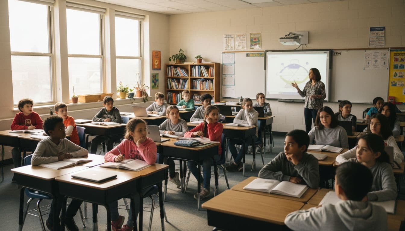 Students in a bright American classroom listening to a teacher