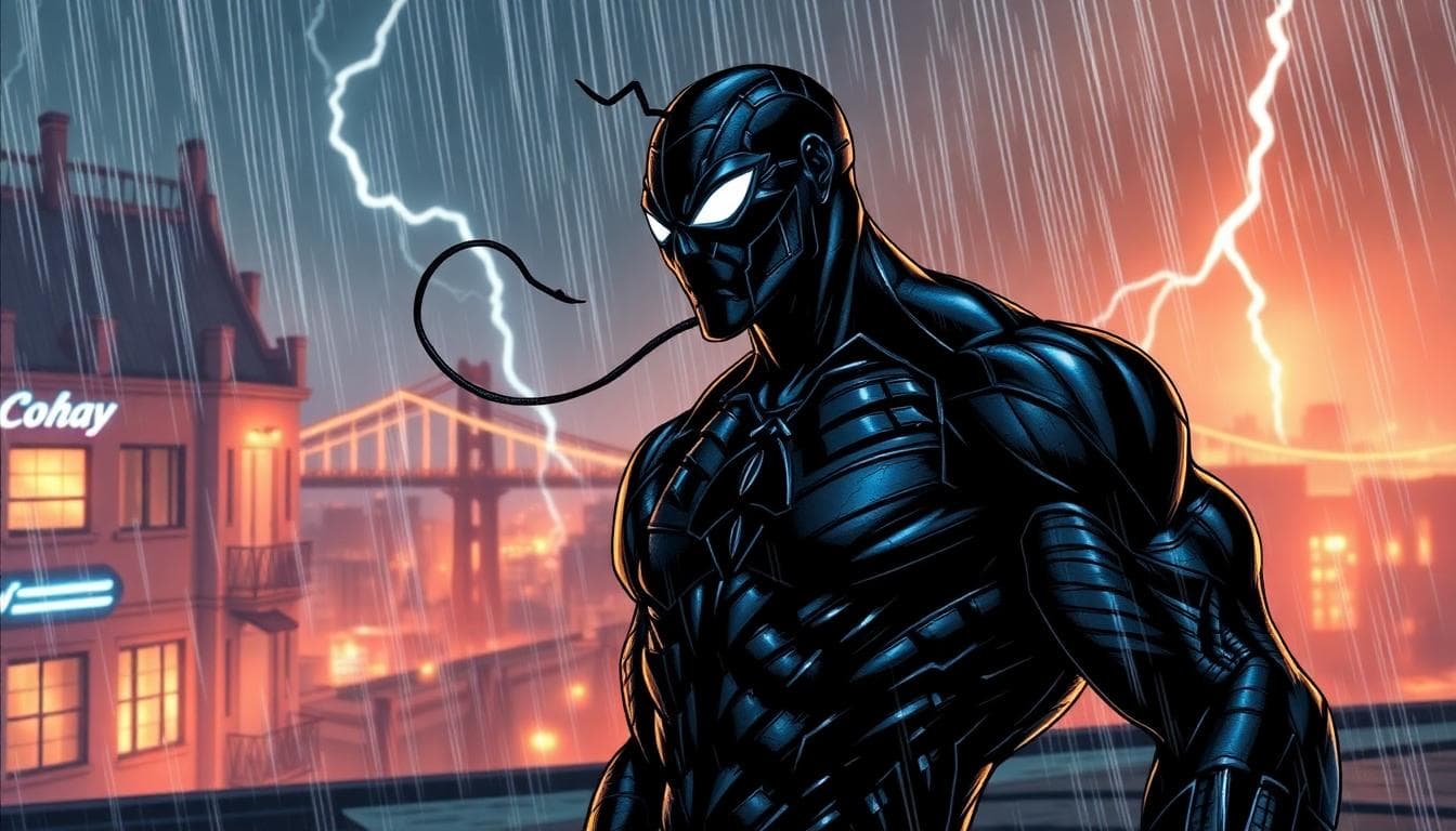 Why 2026 Could Be the Symbiote’s Biggest Year Yet ? 4 Brooding anti-hero with black organic armor on a rainy rooftop