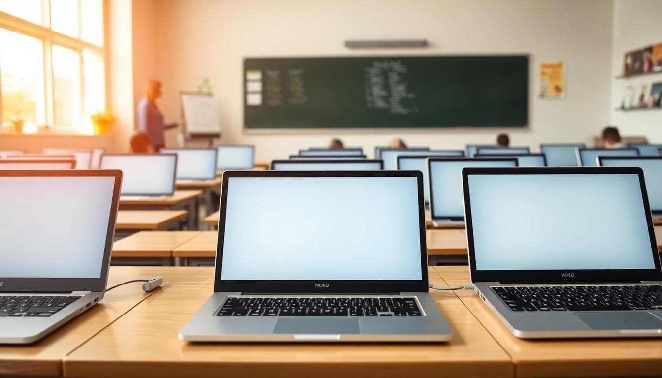 Report: Apple Readies A Low-Cost Laptop To Rival Chromebooks And Budget Windows PCs 2 Rows of slim silver laptops on desks in a bright classroom