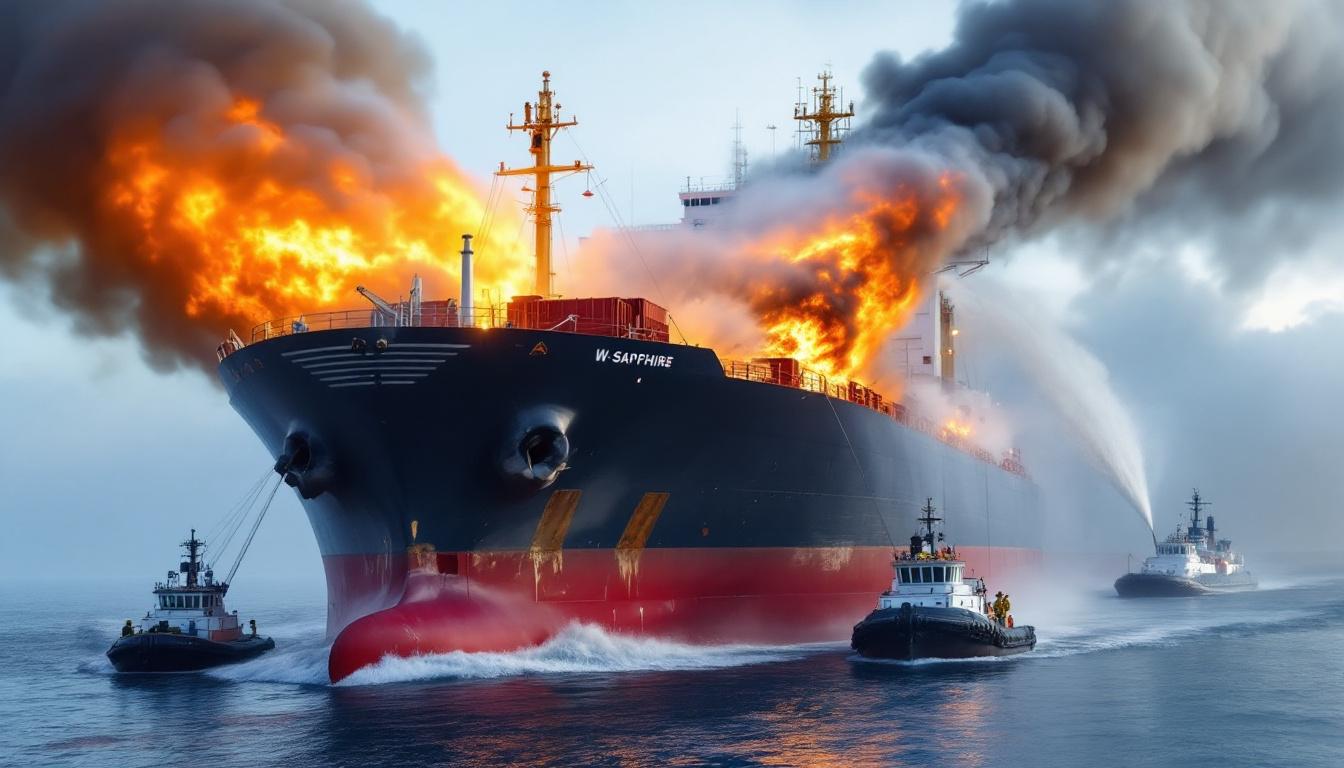 Fire and Explosion in Baltimore Harbor: What Happened to the W-Sapphire? 2 Close-up image of bulk carrier W-Sapphire with visible fire damage to the bow, firefighters and tugboats spraying water against smoke.