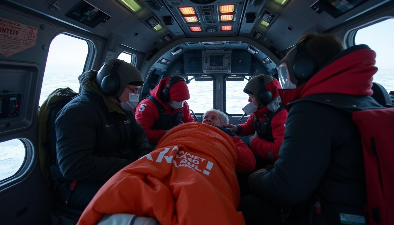 Daring Antarctic Rescue: Three Americans Airlifted After Medical Emergency at Research Station 2 Interior of a C-130J Hercules flying over Antarctic ice, medical team caring for bundled patient, doctors and nurse wearing heavy gear