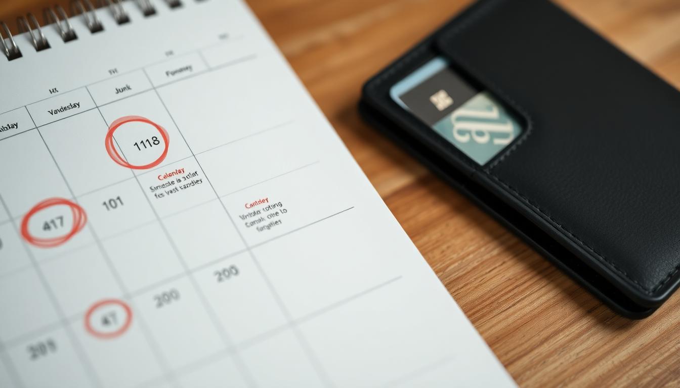 Close-up of a calendar with circled dates and a slim wallet with bills