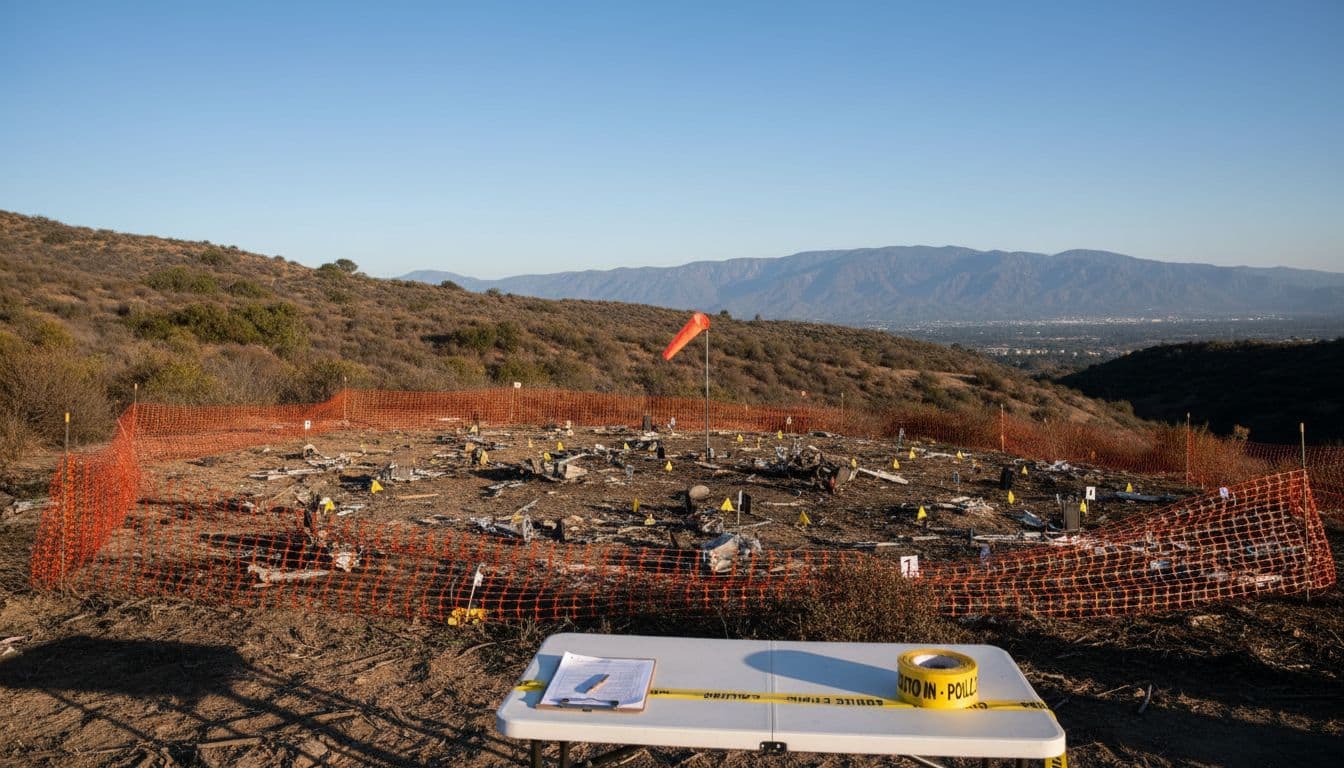 California Helicopter Crash: What Investigators Are Focusing On and What Comes Next 3 Crash site perimeter on a California hillside with evidence markers